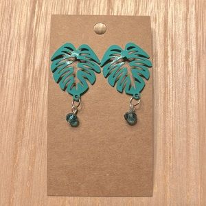 NEW Green Metal Post Leaf Earrings